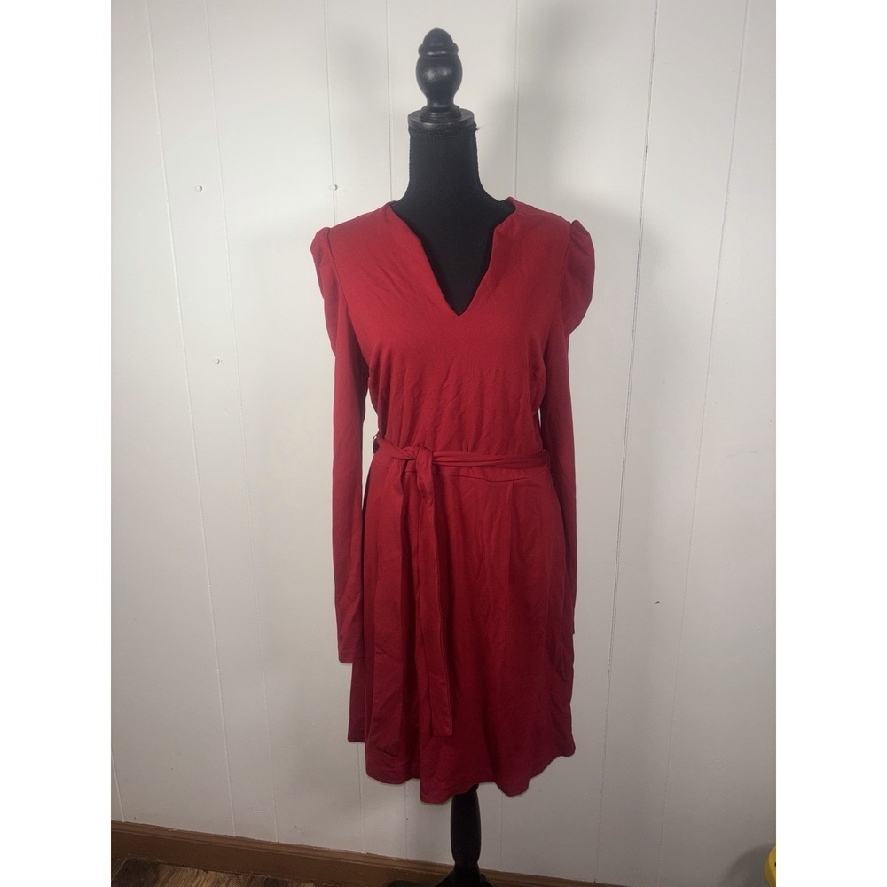 ll bean red long sleeve belted midi dress size 10 reg
